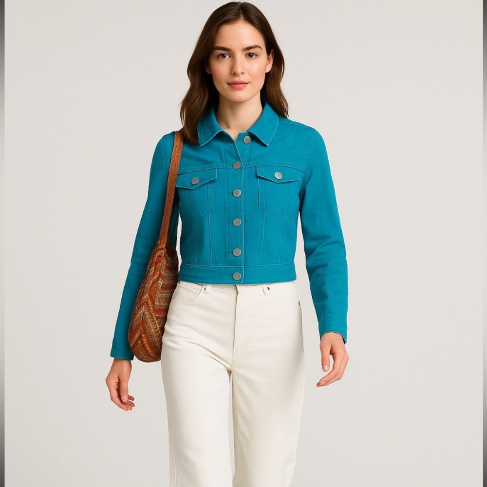 Turquoise Cropped Jean Jacket with Fitted Silhouette